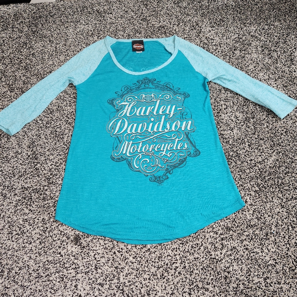 Harley-Davidson Motorcycle Teal Blue Bling Rhinestone Baseball Tee Women's Small